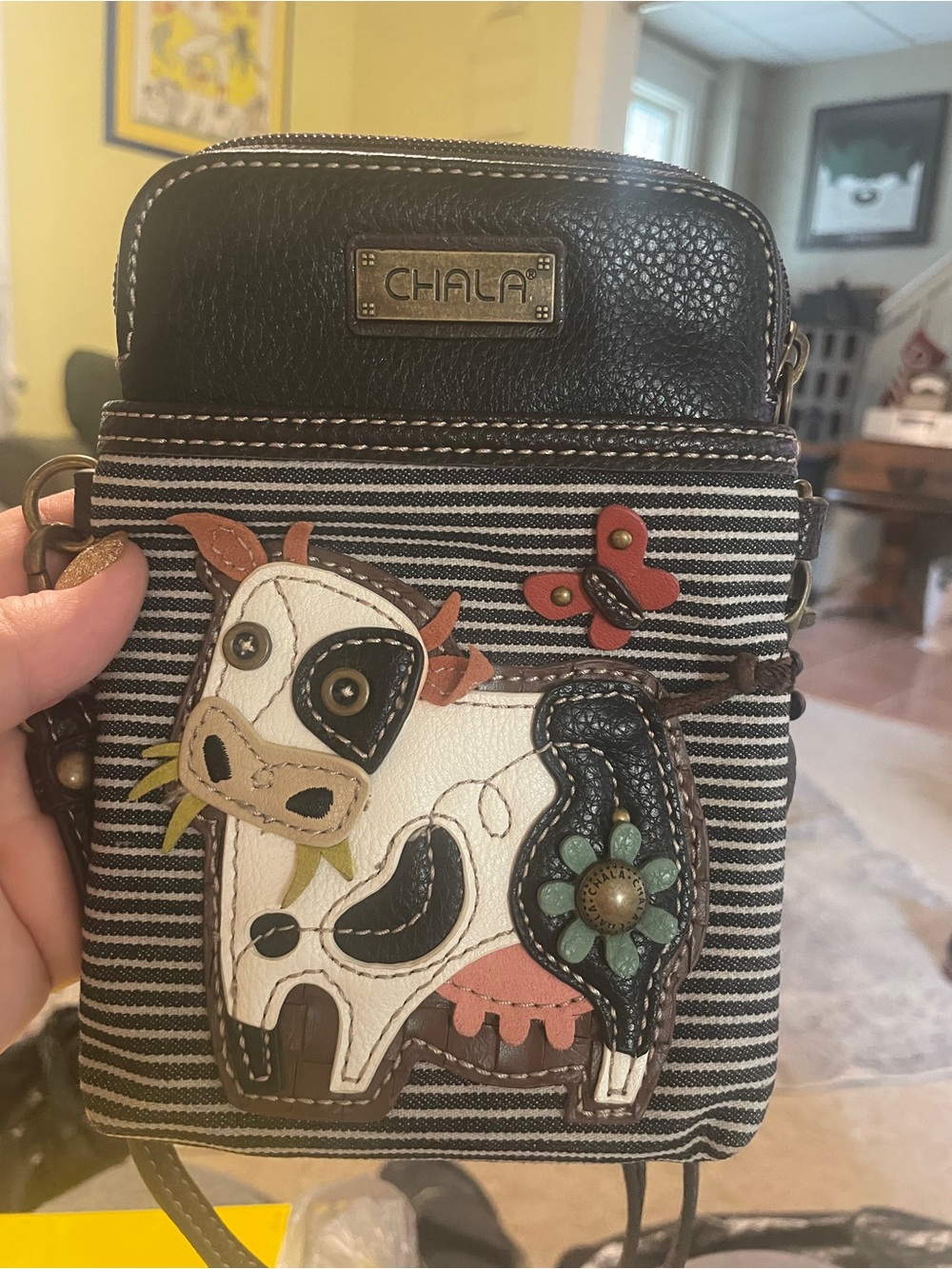 Chala Black Striped Crossbody with Cow & Butterfly Appliques